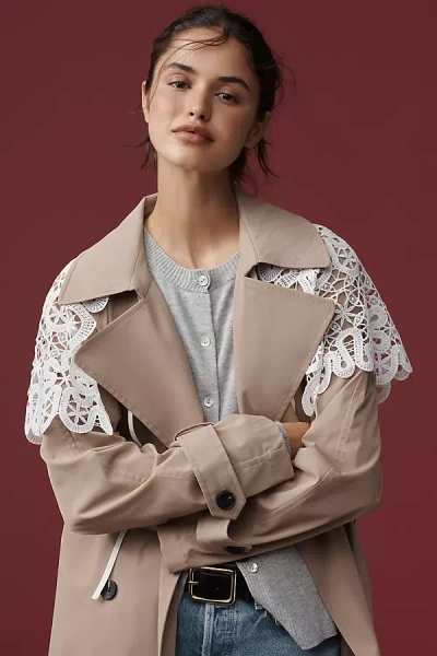 By Anthropologie Tie-front Lace Cutwork Cape In Brown