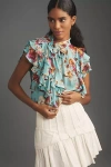 By Anthropologie Tie-neck Sheer Ruffled Blouse In Blue