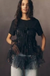 By Anthropologie Tiered Bow Tulle T-shirt Top In Black