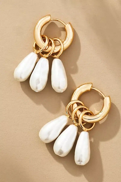 By Anthropologie Triple Pearl Charm Huggie Earrings In White