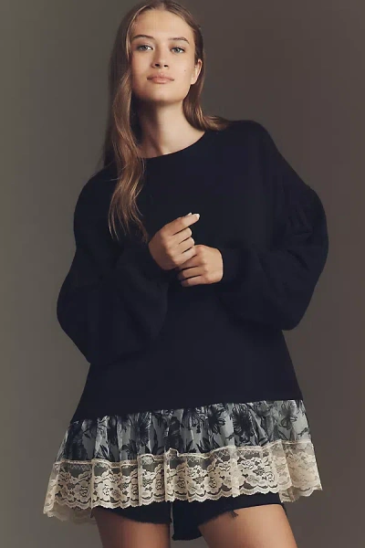 By Anthropologie Tulle-hem Pullover Sweatshirt In Black