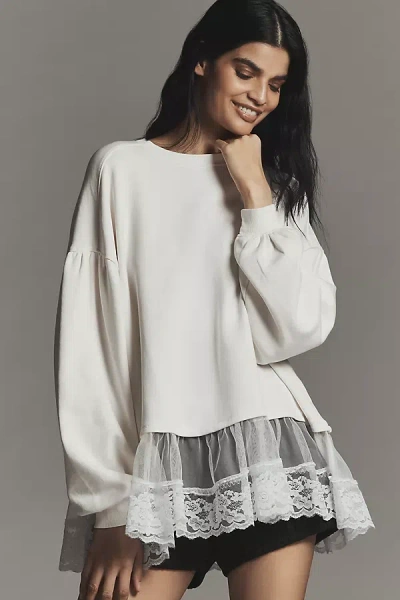 By Anthropologie Tulle-hem Pullover Sweatshirt In White