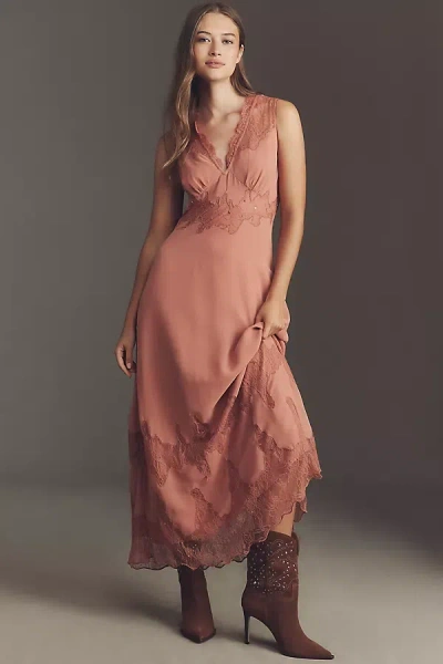 By Anthropologie V-neck Lace-panel Maxi Dress In Pink
