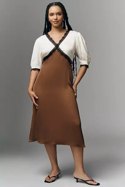 By Anthropologie V-neck Lace Trim Midi Dress In Brown