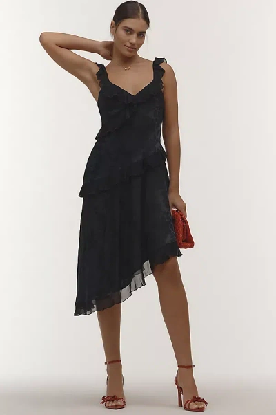 By Anthropologie V-neck Ruffle Asymmetrical Midi Dress In Black