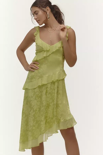 By Anthropologie V-neck Ruffle Asymmetrical Midi Dress In Green