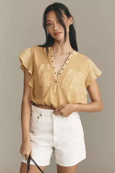 By Anthropologie V-neck Ruffle-sleeve Knit Top In Gold