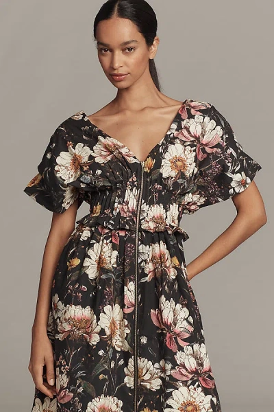 By Anthropologie V-neck Zip-front Midi Dress In Burgundy