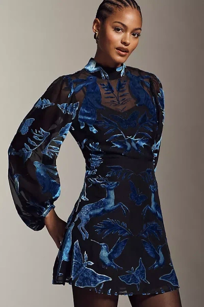 By Anthropologie Velvet Burnout High-neck Long-sleeve Mini Dress In Black