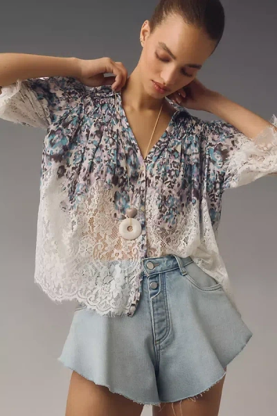 By Anthropologie Victorian Sheer-lace Blouse In Blue