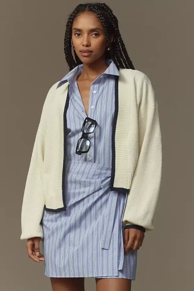 By Anthropologie Waffle-knit Trimmed Crop Cardigan Sweater In Beige