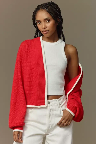 By Anthropologie Waffle-knit Trimmed Crop Cardigan Sweater In Red