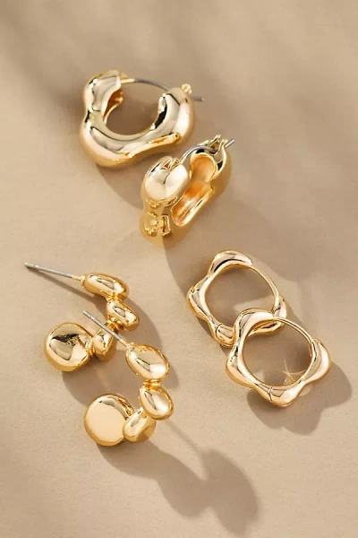 By Anthropologie Wavy Huggie Hoop Earrings, Set Of 3 In Gold
