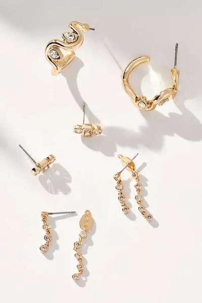 By Anthropologie Wavy Huggie Hoop Earrings, Set Of 3 In Gold