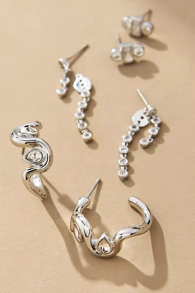By Anthropologie Wavy Huggie Hoop Earrings, Set Of 3 In Silver