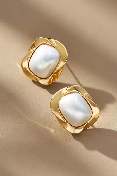 By Anthropologie Wavy Square Pearl Post Earrings In Gold