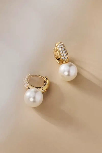 By Anthropologie Weddings Pearl Charm Pavé Huggie Hoop Earrings In Gold