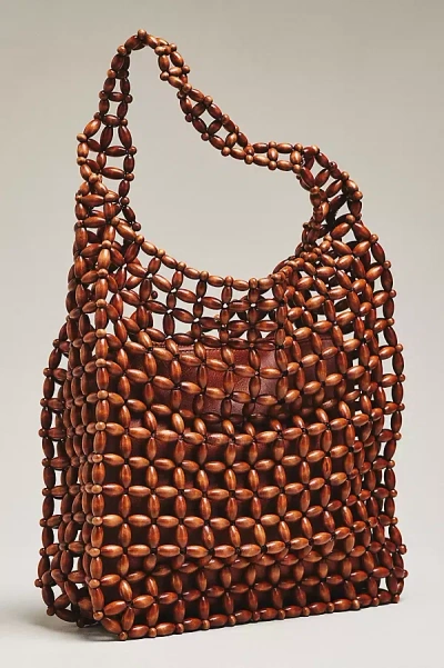 By Anthropologie Wood Beaded Slouchy Shoulder Tote In Sand