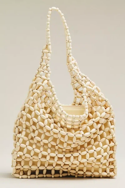 By Anthropologie Wood Beaded Slouchy Shoulder Tote In White