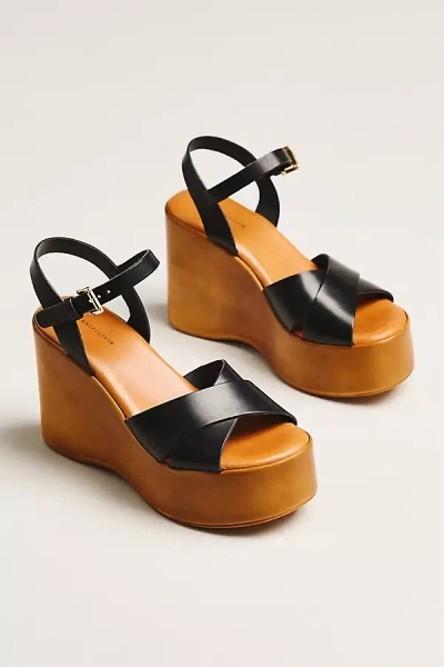 By Anthropologie Wood-bottom Ankle-strap Platform Wedge Heels In Black