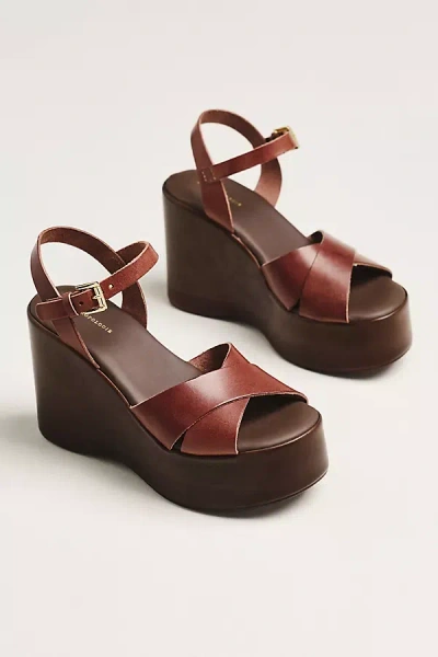 By Anthropologie Wood-bottom Ankle-strap Platform Wedge Heels In Brown