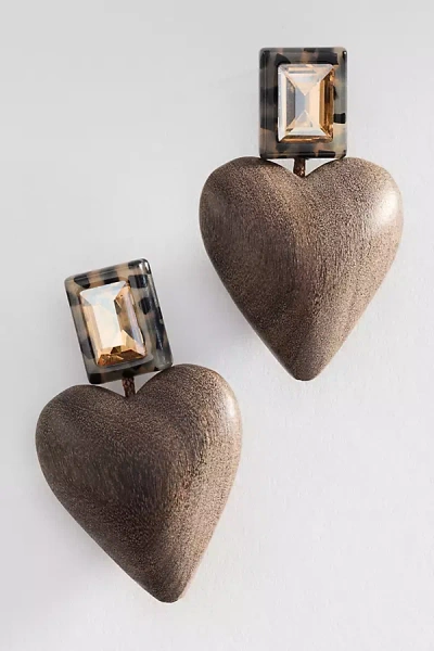 By Anthropologie Wood Heart Earrings In Brown