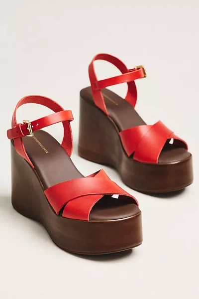 By Anthropologie Wood-bottom Ankle-strap Platform Wedge Heels In Red