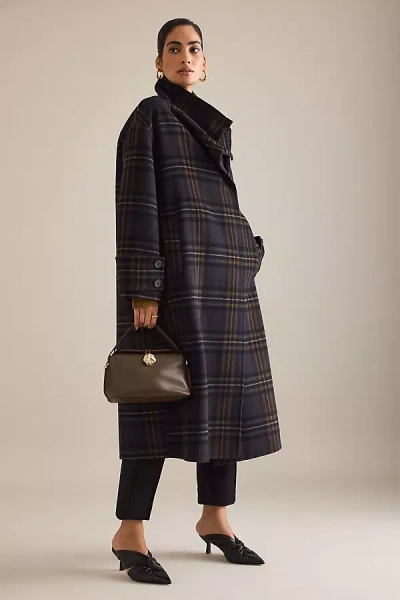 By Anthropologie Wool-blend Check Funnel-neck Coat In Black