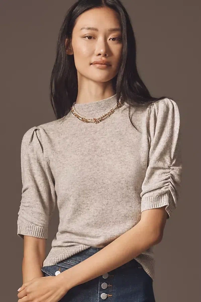 By Anthropologie Wool Cashmere Puff-sleeve Mock-neck Sweater In Gray