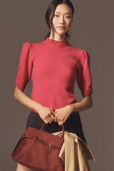 By Anthropologie Wool Cashmere Puff-sleeve Mock-neck Sweater In Pink