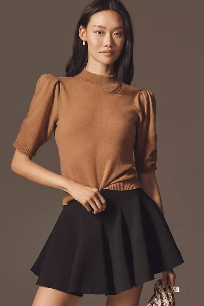 By Anthropologie Wool Cashmere Puff-sleeve Mock-neck Sweater In Sand