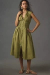 By Anthropologie,maeve The Tommie Cap-sleeve Smocked Front-zip Shirt Dress In Green