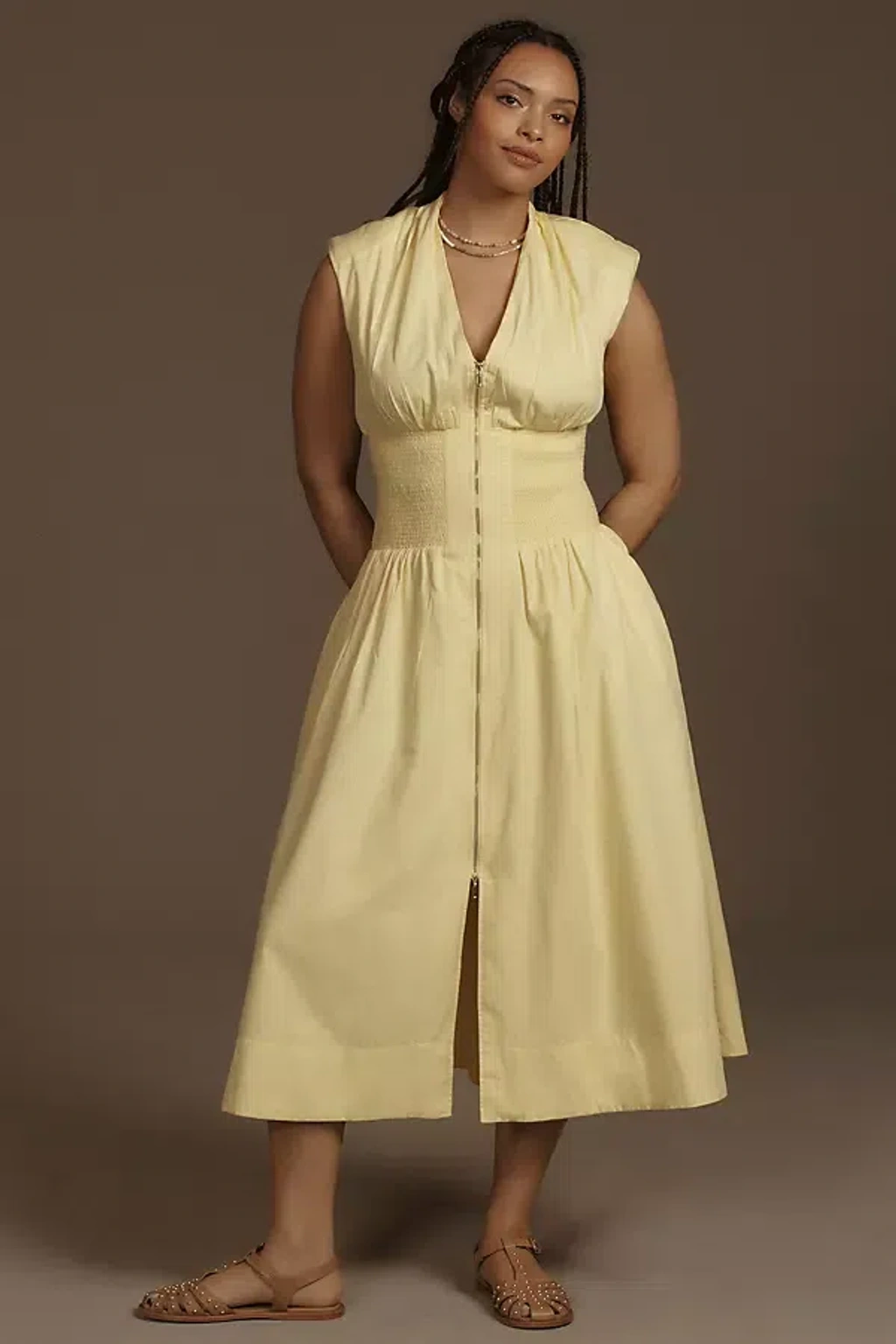By Anthropologie,maeve The Tommie Cap-sleeve Smocked Front-zip Shirt Dress  In Yellow | ModeSens
