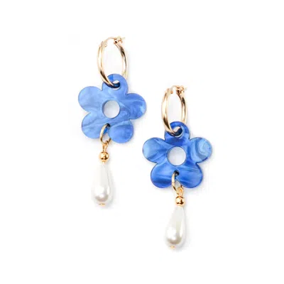 By Chavelli Women's Gold / Blue Daisy Pearl Drop Earrings In Marbled Blue