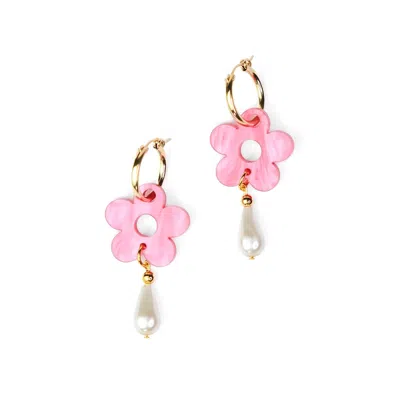 By Chavelli Women's Gold / Pink / Purple Daisy Pearl Drop Earrings In Marbled Pink