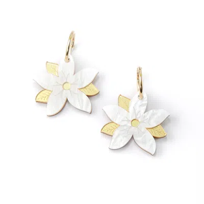 By Chavelli Women's Gold / White Sampaguita Flower Dangly Hoop Earrings In 22mm Gold-filled In Multi
