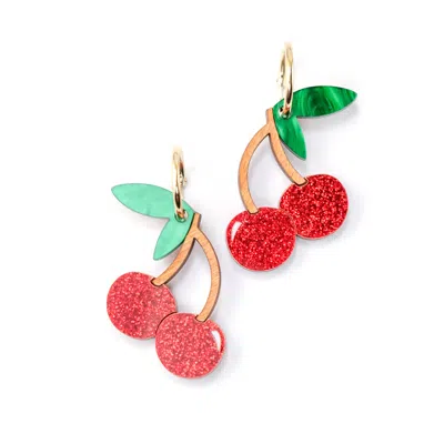 By Chavelli Women's Green / Red / Gold Cherry Dangly Hoop Earrings In 22mm Gold-filled In Multi