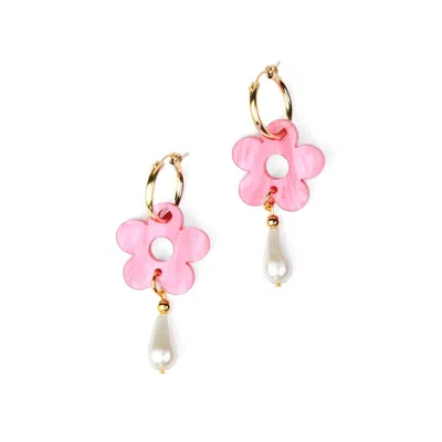 By Chavelli Women's Pink / Gold Daisy Pearl Drop Earrings In Marbled Pink In Multi