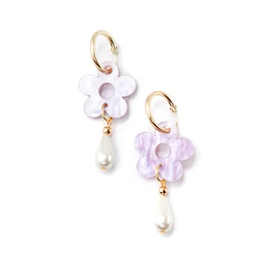 By Chavelli Women's Purple / Gold Daisy Pearl Drop Earrings In Marbled Lavender In Multi