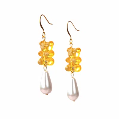 By Chavelli Women's Yellow / Orange Gummy Bear Pearl Drop Dangly Earrings In Orange