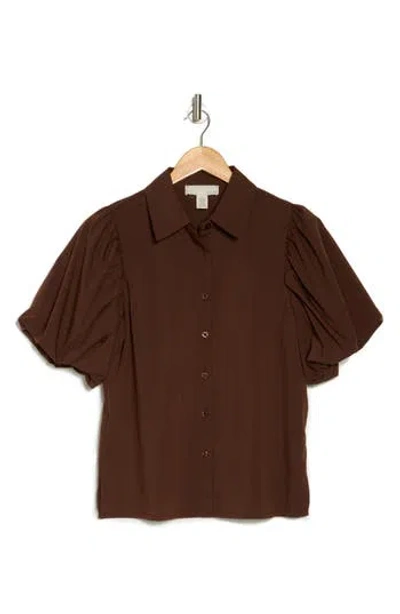 By Design Abigail Puff Sleeve Button-up Top In Chocolate