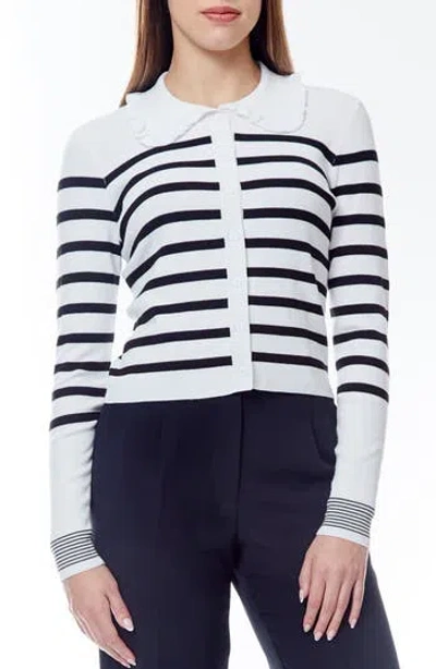 By Design Adrian Stripe Ruffle Collar Crop Cardigan In Gardenia/black