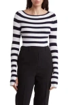 By Design Amiri Stripe Boat Neck Crop Sweater In Peacoat/bright White