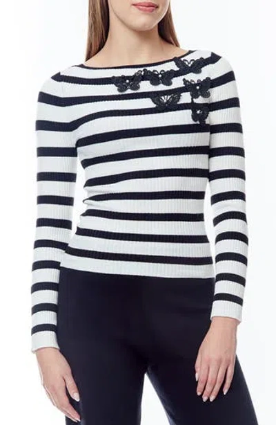 By Design Amiri Stripe Butterfly Appliqué Crop Sweater In Black/gardenia