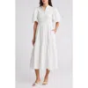 By Design Aries Puff Sleeve Mixed Media Midi Dress In White
