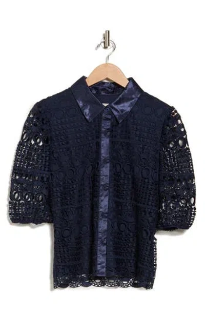 By Design Brianna Lace Puff Sleeve Button-up Top In Navy