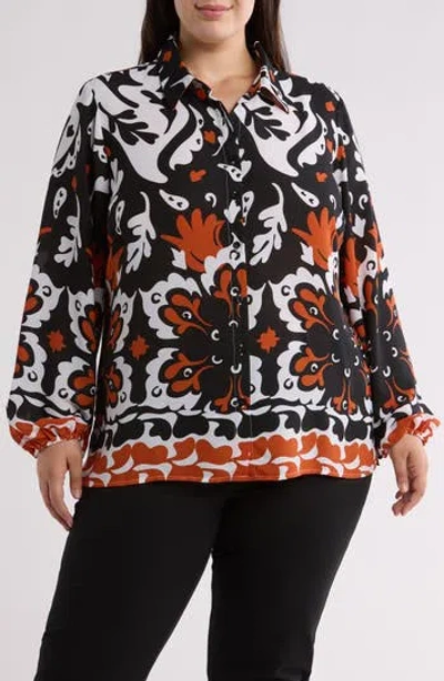 By Design Canyon Balloon Sleeve Button-up Shirt In White/black