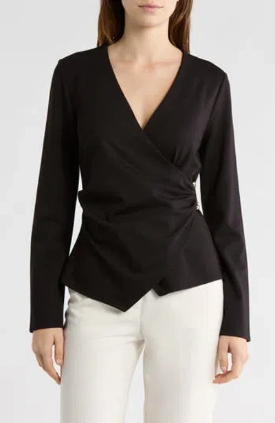 By Design Cappuccino Long Sleeve Faux Wrap Top In Black