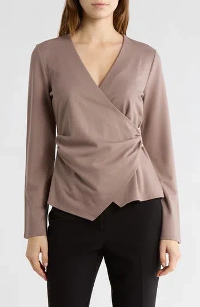 By Design Cappuccino Long Sleeve Faux Wrap Top In Brown