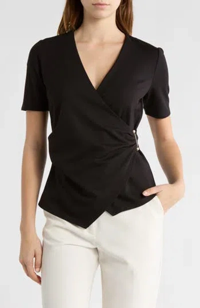 By Design Cappuccino Short Sleeve Faux Wrap Top In Black